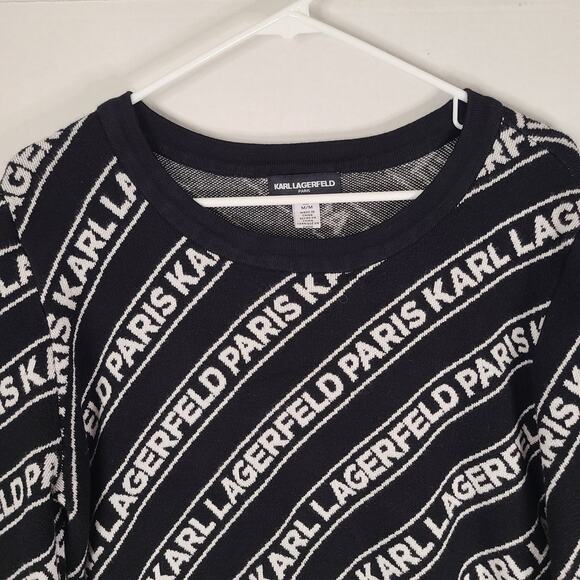 KARL LAGERFELD Diagonal Logo Sweater Medium Black White Crew Neck Bishop Sleeve - Picture 4 of 12